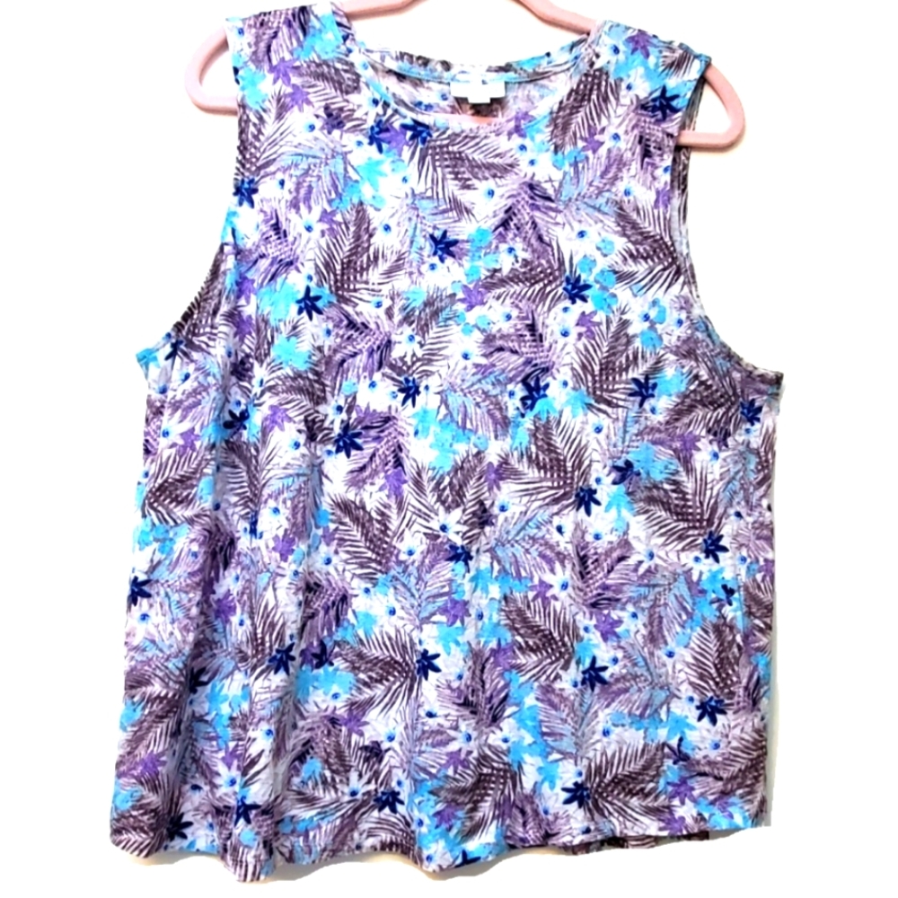 J. Jill Blue Purple White Floral 100% Linen Top Size XLP Beach Coastal